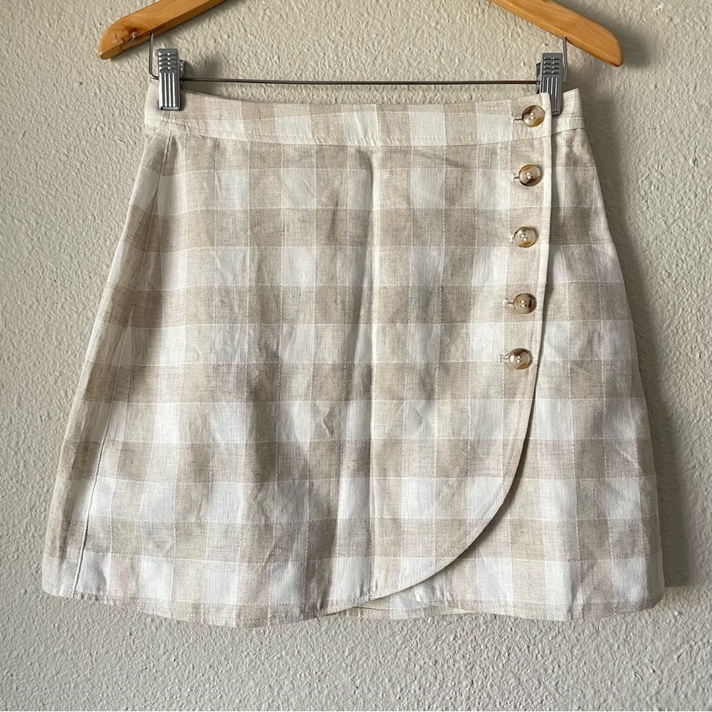 NWT Madewell Linen Skirt Women’s 4 Cream Tulip Wrap Mini Neutral Gingham Preppy - Picture 3 of 13